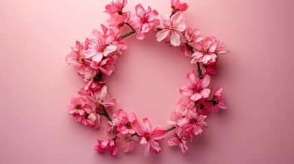 Obraz premium Flowers composition. Wreath made of pink flowers on pink background