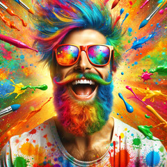 man with sunglasses, in a colorful powder explosion, generative ai