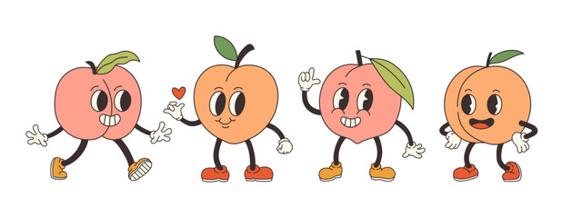 Fototapeta premium Groovy peach set. Hand draw Funny Retro vintage trendy style peach cartoon character. Doodle Comic collection