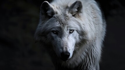 Scary white wolf (Canis lupus), direct eye contact in the dark looking at the camera on a black background