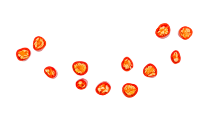 Top view set of red chili pepper or cayenne pepper in slices or pieces isolated with clipping path in png file format