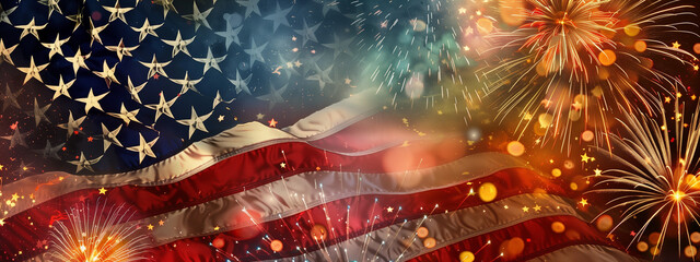Festive Fireworks and American Flag for Fourth of July Celebration - obrazy, fototapety, plakaty