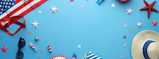 Stylish 4th of July Party Essentials on Blue Background - obrazy, fototapety, plakaty