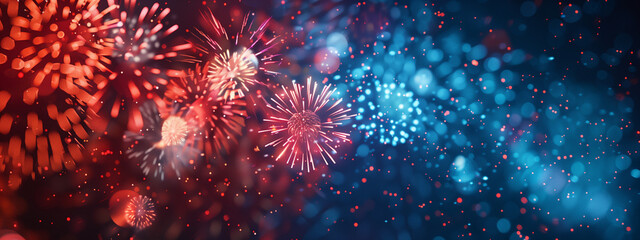 Vibrant Fireworks Display in Red and Blue Hues - obrazy, fototapety, plakaty