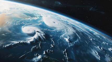 Powerful hurricanes, storms tornadoes, or typhoons, over the Ocean. View from outer space