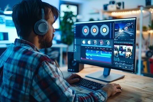 Creative Digital Editing: Over-the-Shoulder View of Young Editor at Work in Modern Loft Studio, generative ai