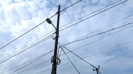 Cables on blue sky, electrical line, 	