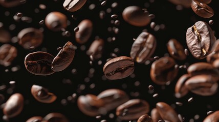 Numerous coffee beans falling through the air in a chaotic motion