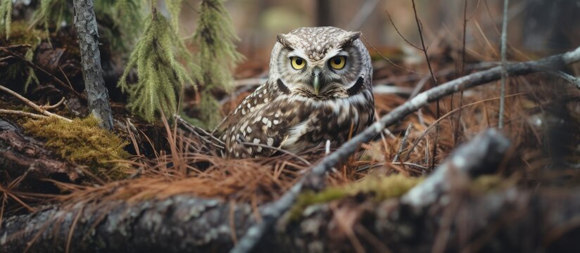A terrestrial animal, the owl, perches on a twig of a tree branch in the woods surrounded by terrestrial plants and grass. Its beak is sharp as it observes the wildlife in its natural habitat