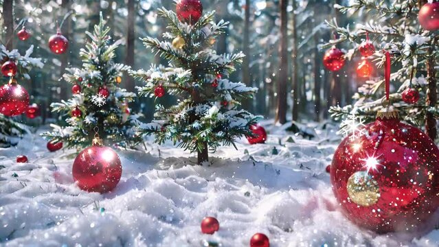 christmas tree decorations in pine forest 4k looping