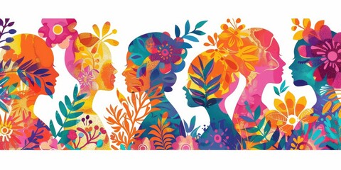 Colorful illustration of women's profiles adorned with vibrant floral patterns, representing diversity and femininity.