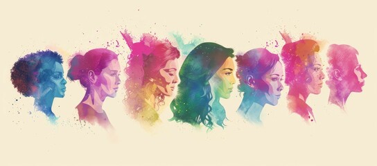 A sequence of female profiles in a gradient of watercolor hues symbolizing diversity and the spectrum of humanity. - obrazy, fototapety, plakaty