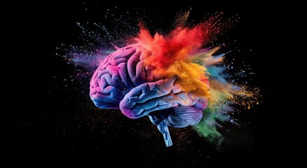 A human brain illustration with a colorful, explosive backdrop, symbolizing explosive ideas and creativity.