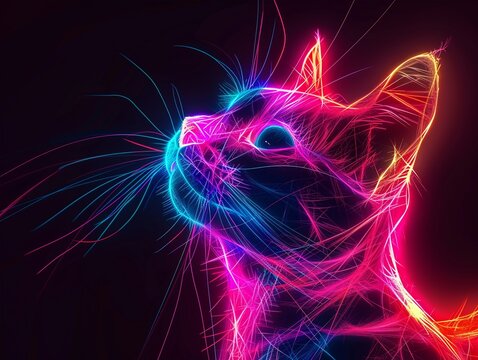 cat  Animal Plexus Neon Black Background Digital Desktop Wallpaper HD 4k Network Light Glowing Laser Motion Bright Abstract --ar 4:3