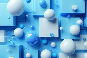 Abstract geometric composition with blue cubes and spheres, 3D render of futuristic design
