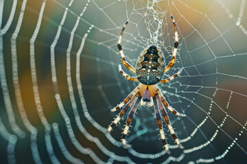 A spider is sitting in the center of a web - Powered by Adobe