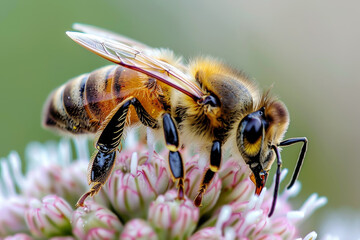 A bee is on a flower, with its wings spread out - Powered by Adobe