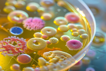 A close up of a petri dish with many different colored bacteria