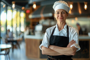 A woman chef is smiling and wearing a white hat and apron