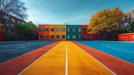 Highlight the crisp lines and vibrant colors of a freshly painted basketball court, awaiting the...
