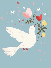 A white dove surrounded by hearts and flowers against a vibrant blue background