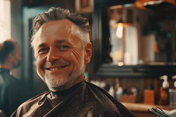 A man with a bald head and gray hair is smiling in a barbershop