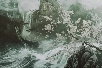 Foto op Canvas A painting of a mountain with a waterfall and a tree with white blossoms © Formoney