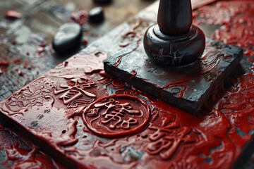 A red stamp with Chinese characters on it is sitting on a wooden surface - obrazy, fototapety, plakaty