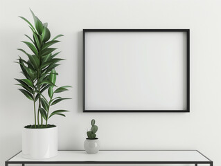 A black framed white wall with a plant and a white vase on a shelf. The plant is a small green...