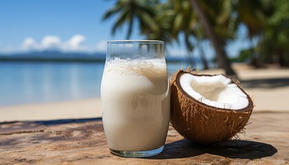 A tropical cocktail and a cracked coconut with juice on a paradise island background, with space for text.