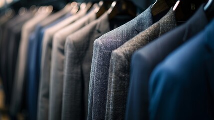 Business suits neatly arranged on hangers in a row against a white background - Powered by Adobe