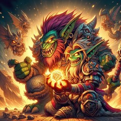 Enchanted Night Creatures: A Trio of Furry Beasts with Glowing Eyes in a Mystical Forest