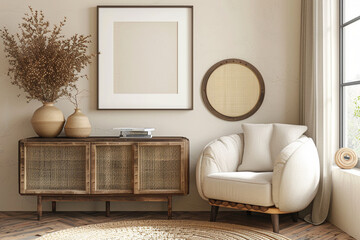 Beige living room interior armchair and sideboard with decor, mockup frame-