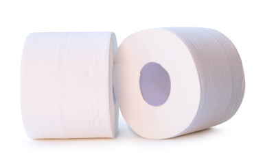Front view of tissue paper or toilet paper rolls in stack isolated on white background with clipping path