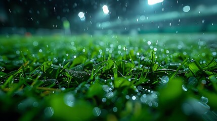 Highlight the texture of the grass as it bears the imprints of cleats during a tense penalty shootout on a dewy evening. - obrazy, fototapety, plakaty