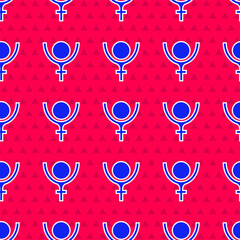 Blue Ancient astrological symbol of Pluto icon isolated seamless pattern on red background. Astrology planet. Zodiac and astrology sign. Vector
