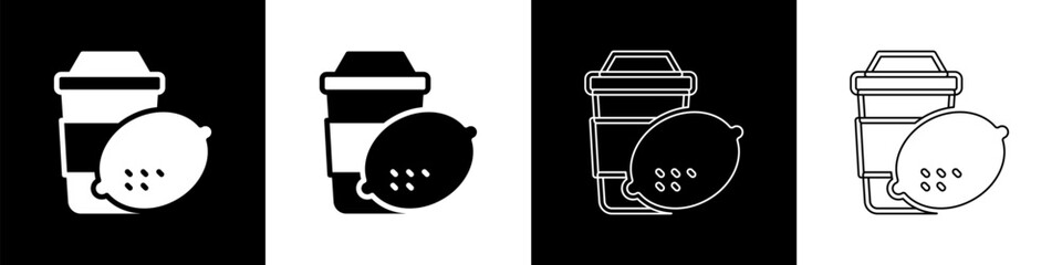 Set Cup of tea with lemon icon isolated on black and white background. Vector