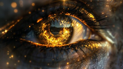 A detailed view of a human eye with vibrant lights illuminating the iris and pupil, creating a...