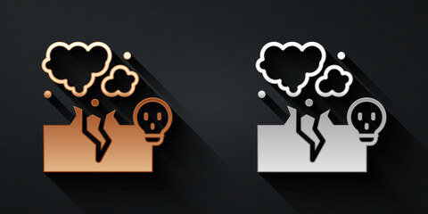 Gold and silver Poisonous cloud of gas or smoke icon isolated on black background. Stink bad smell, smoke or poison gases, chemical toxic vapour. Long shadow style. Vector