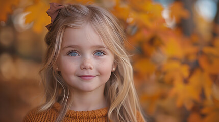 Portrait of girl with blue eyes in autumnal setting, with blurred orange leaves in background.