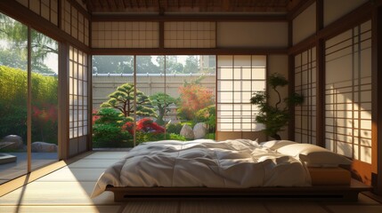 Japanese style bedroom with wooden floor and big window