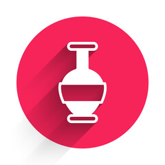 White Ancient amphorae icon isolated with long shadow background. Red circle button. Vector