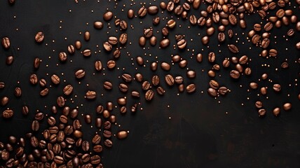 A bunch of coffee beans scattered on a black surface - Powered by Adobe