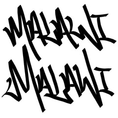 MALAWI letter the country name on the world digital illustration graffiti handstyle signature symbol tags painting with black and white color