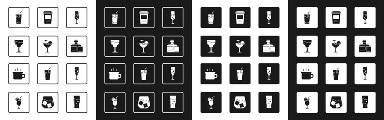 Set Glass of champagne, Cocktail, Wine glass, Whiskey bottle and, Coffee cup to go, and icon. Vector