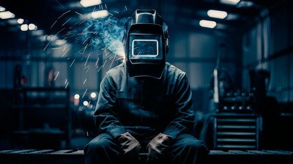 A man wearing a welding mask sits in a darkened warehouse. There are sparks flying to his right and several industrial tools, including a toolbox are visible in the background.