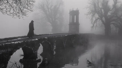Mysterious silhouette of a person walking on an old bridge in foggy weather, with bare trees and a gothic structure in the background.