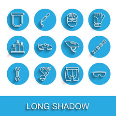Set line Wrench spanner, Derailleur bicycle rear, Bicycle lock, Cycling shorts, Sport cycling sunglasses, shoes, chain and helmet icon. Vector