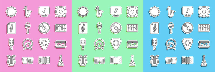 Set line Guitar, Drum, Sound mixer controller, Music note, tone, Maracas, Treble clef, Tambourine and Vinyl disk icon. Vector