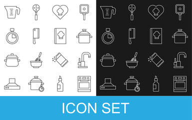 Set line Oven, Water tap, Cooking pot, Chef hat, Meat chopper, Stopwatch, Measuring cup and Cookbook icon. Vector